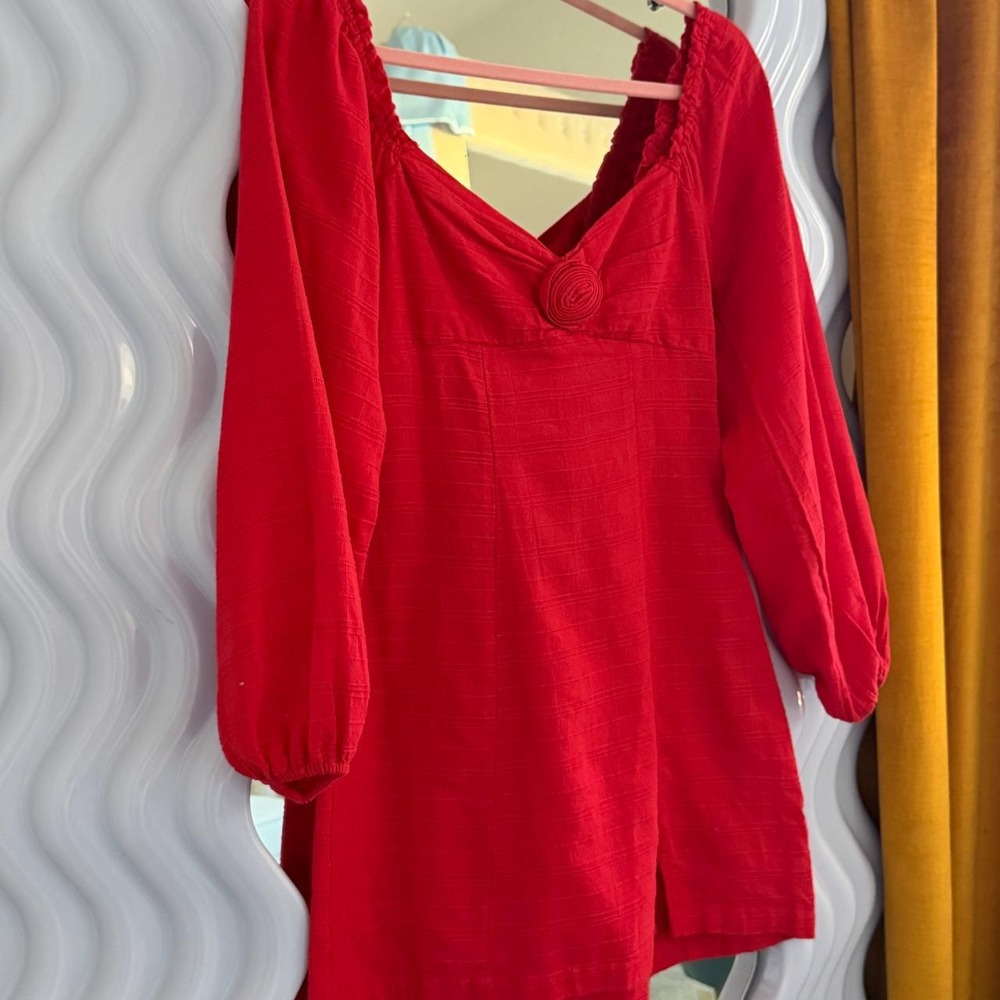 Free People Red Rosette Cotton Mini Dress Long Sleeve Tie Back XS
